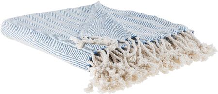Beliani Koc niebieski bawełniany frędzle w jodełkę ręcznie wykonany 130 x 160 cm Tilmi