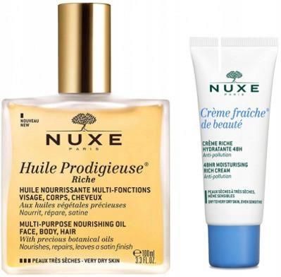 Nuxe Huile Prodigieuse Riche olejek do pielęgnacji twarzy ciała i włosów 100ml + Nuxe Creme Fraiche de Beaute krem nawilżający 15ml