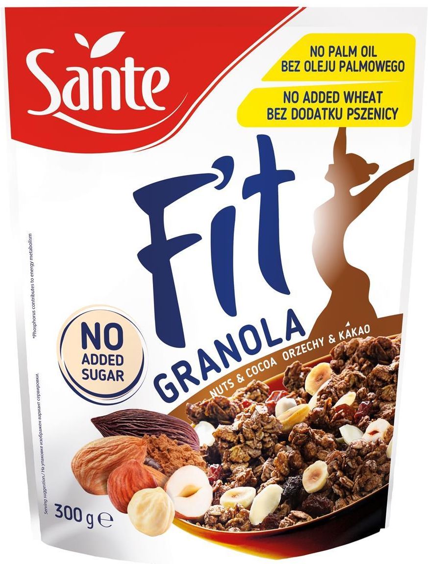 Sante Fit Granola Orzechy Kakao Bez Dodatku Cukru 300G - zdjęcie 3 Sante Fit Granola Orzechy Kakao Bez Dodatku Cukru 300G