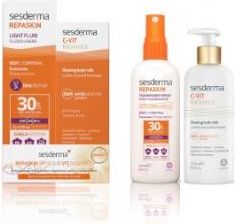 Sesderma Repaskin Transparent Spray + C-Vit Radiance Glowing Body Milk Zestaw Wysoka Ochrona Przeciwsłoneczna Spf 30 200Ml + Rozświetlającemleczko D