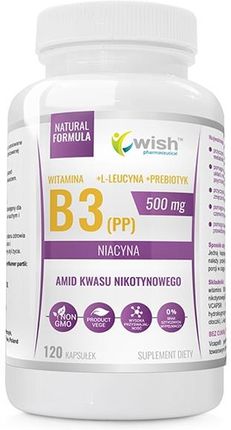 WISH, Witamina B3 50mg, Nicyna, Amid Kwasu Nikotynowego + L-leucyna + Prebiotyk, 120 kapsułek