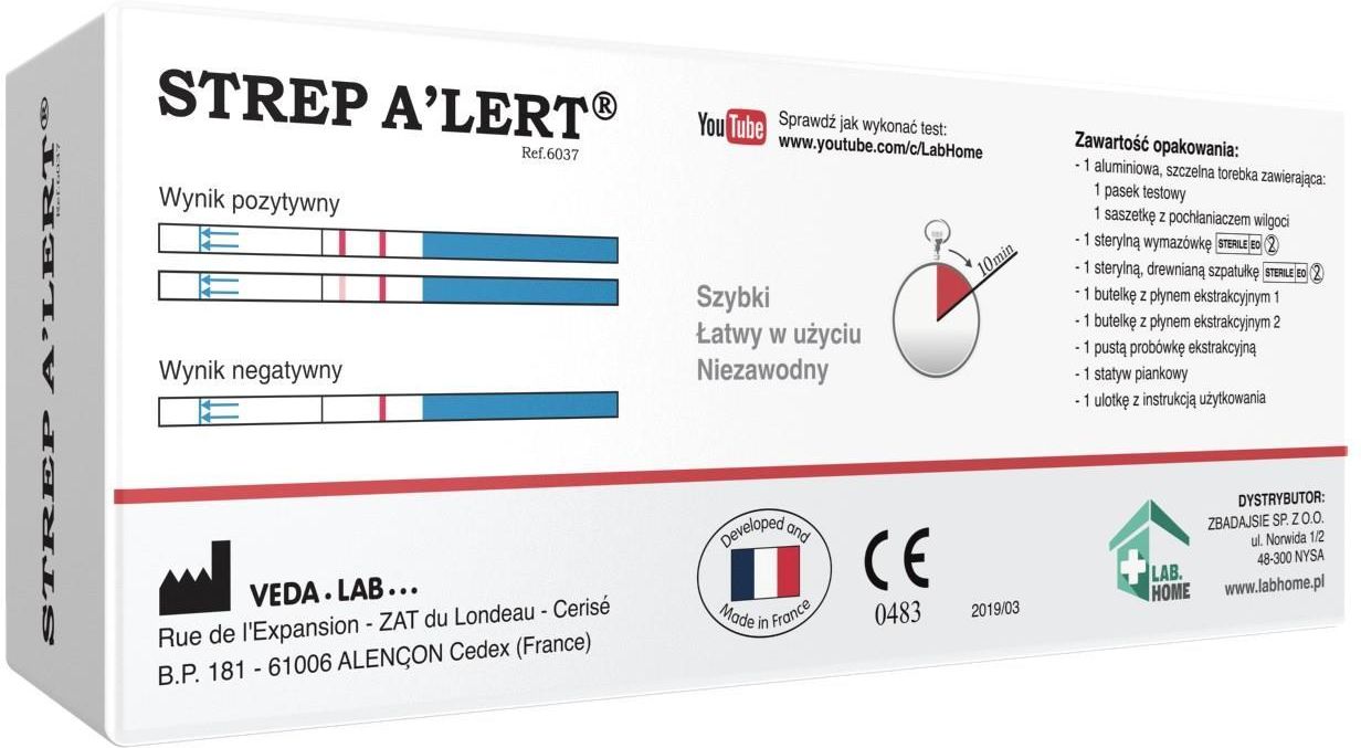Test Strep A'Lert badanie na anginę bakteryjną test na paciorkowce grupy A 1szt.