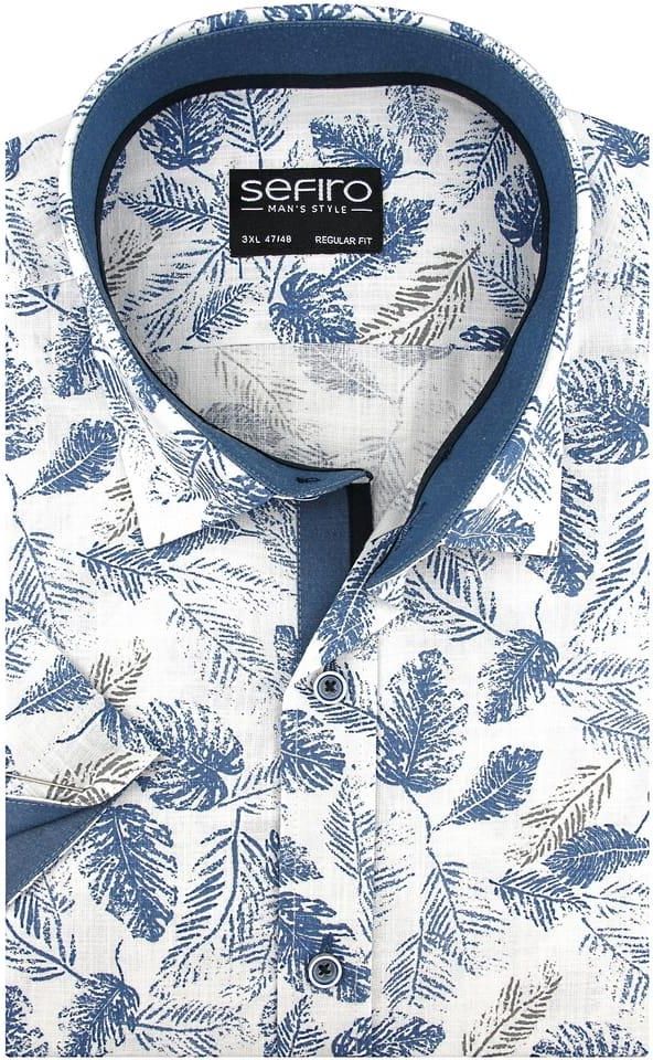 Lniana Duża Koszula Męska Sefiro biała w niebieskie listki Duża Koszula męska krótki rękaw Jeans Wrangler R. XL