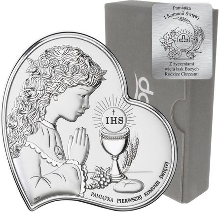 Obrazek Srebrny Pamiątka I Komunii dla dziewczynki Serce z podpisem DS03A