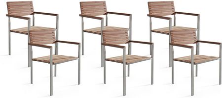 Beliani Zestaw 6 krzeseł ogrodowych z podłokietnikami jasne drewno tekowe stal Viareggio