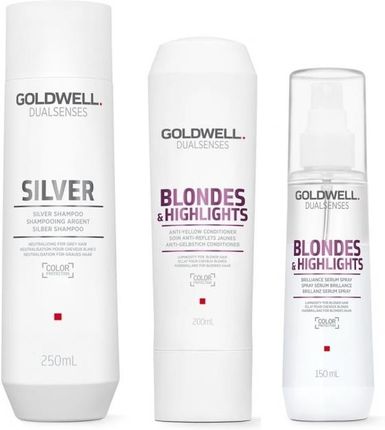 Goldwell Blondes And Highlights And Silver Zestaw Do Włosów Blond I Siwych: Szampon 250Ml + Odżywka 200Ml + Serum W Sprayu 150Ml