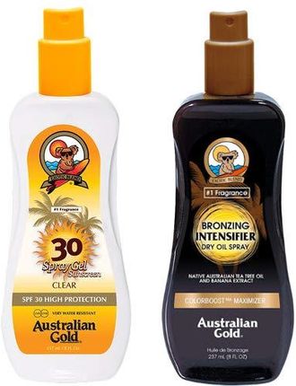 Australian Gold Spf 30 Spray Gel And Intensifier Bronzing Dry Oil Spray Zestaw Do Opalania Spray Do Opalania 237Ml + Suchy Olejek 237Ml