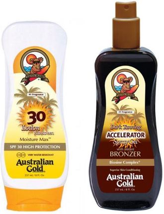 Australian Gold Spf 30 Lotion And Accelerator Spray Gel Zestaw Do Opalania: Balsam Do Opalania 237Ml + Spray Przyspieszający Opalanie 237Ml