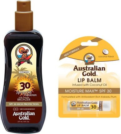 Australian Gold Spray Gel Bronzer Spf30&Coconut Lip Balm Spf30 Spray Do Opalania Z Bronzerem 237Ml + Kokosowa Pomadka 4,2G
