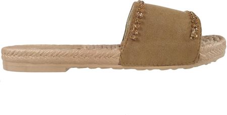 Brązowe camel klapki z cyrkoniami płaskie buty