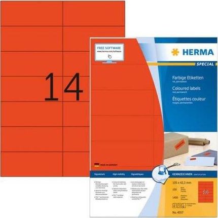 Herma Kolorowe Etykiety A4, 105 X 42,3 Mm, Czerwony, Trwała Przyczepność - 4557