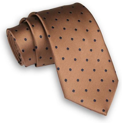 Brązowy Stylowy Klasyczny Męski Krawat -ALTIES- 7cm, Szeroki, w Granatowe Kropki, Groszki KRALTS0320