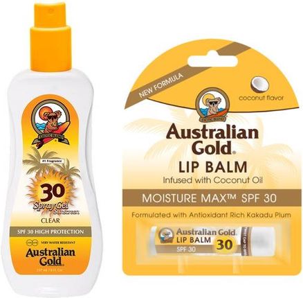 Australian Gold SPF 30 Spray Gel and Coconut Lip Balm SPF30 Zestaw do opalania spray 237ml + kokosowa pomadka ochronna 4.2g