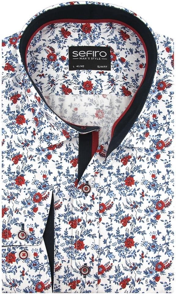 Koszula Męska Sefiro biała w czerwone kwiatki SLIM FIT na koszule męskie slim fit długi rękaw poznan