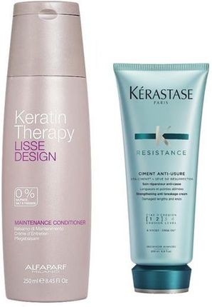 Alfaparf Keratin Therapy Maintenance and Ciment Anti-Usure Zestaw do włosów: odżywka podtrzymująca efekt wygładzenia 250ml + cement odbudowujący 200ml