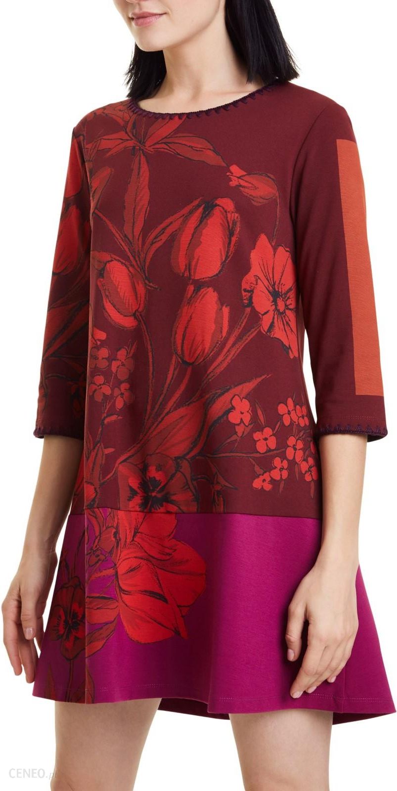 Desigual wiśniowa/bordowa sukienka jesienna Vest Wanda z kolorowymi  motywami - XL - Ceny i opinie 