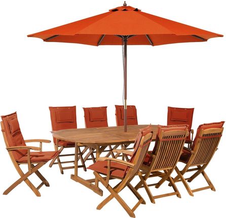 Beliani Zestaw mebli ogrodowych stół parasol 8 krzeseł drewno akacjowe czerwone poduchy Maui