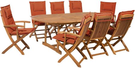 Beliani Zestaw mebli ogrodowych stół 8 krzeseł drewno akacjowe czerwone poduchy Maui