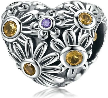 Valerio Rodowany Srebrny Charms Pandora Serce Heart Kwiatki Flowers Cyrkonie Srebro 925 Bead150