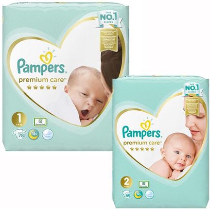 Pampers Pieluchy Premium Care rozmiar 1, 78 pieluszek + Pampers Pieluchy Premium Care rozmiar 2, 68 pieluszek
