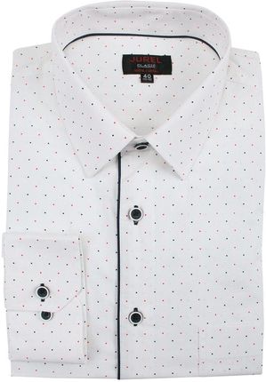 Biała Klasyczna Bawełniana Koszula, Długi Rękaw -JUREL- z Kieszonką, w Granatowo-Czerwone Kropki KSDWJRL0072