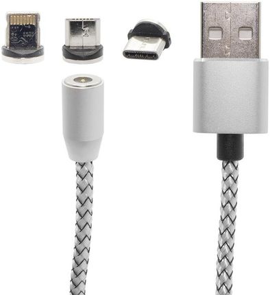 Kabel USB Magnetyczny 3W1 Lightning Typ C Micro USB 1M Srebrny