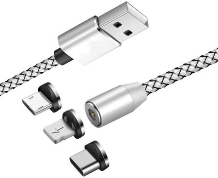 Kabel magnetyczny MicroUSB / USB-C / iPhone Lightning 3w1 nylonowy LED biały