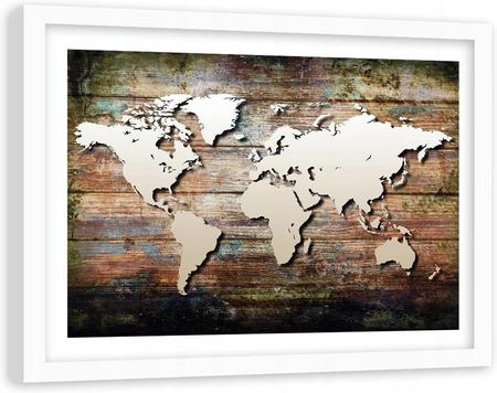 Obraz w ramie białej, Mapa świata na starych deska