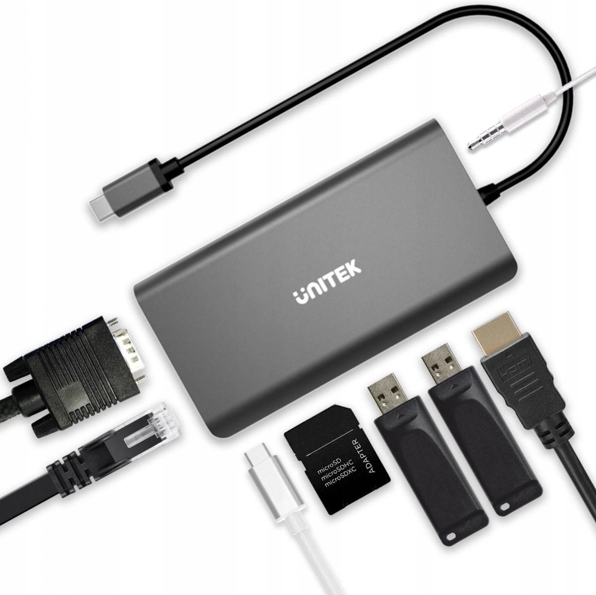 Unitek Hub USB-C - HDMI, 2xUSB, RJ-45, VGA (100W, PD) - Huby USB - Sklep  komputerowy 