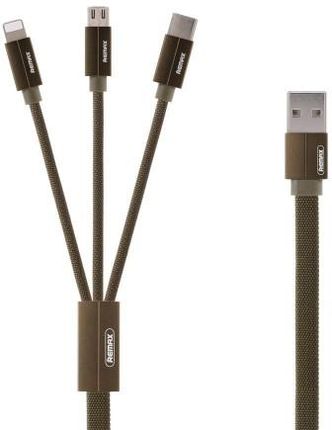 Remax Kerolla RC-094th płaski kabel 3w1 USB - micro USB / Lightning / USB-C w materiałowym oplocie 2.4A 1M zielony