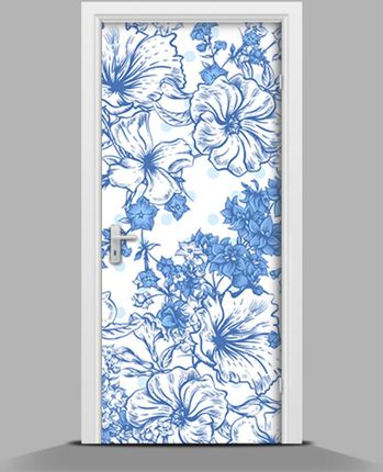 Wallmuralia Naklejka Fototapeta Na Drzwi Malowane Kwiaty W Kolrze Niebieskim 75X205Cm