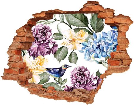 Wallmuralia Naklejka 3D Dziura Na Ścianę Kwiaty I Ptaki 90X70Cm