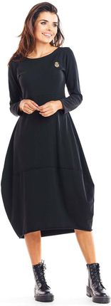 Czarna Dzianinowa Sukienka Bombka z Długim Rękawem
