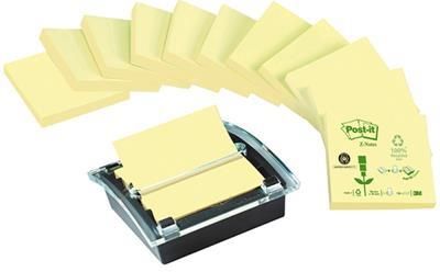 Bloczki ekologiczne POST-IT Z-Notes (C2014Y12-1), 76x76mm, 12x100 kart., żółte + podajnik 