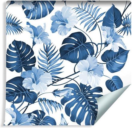 Muralo Tapeta Niebieskie Tropikalne Liście I Kwiaty (86630015)