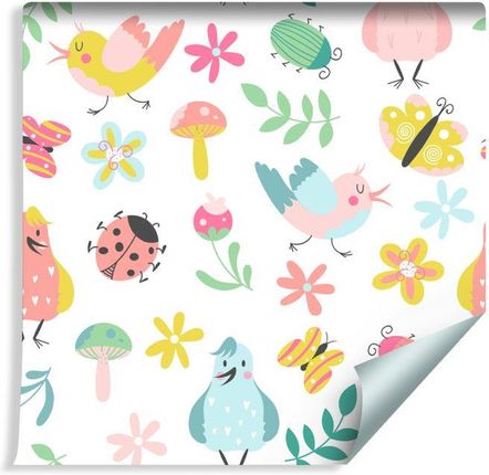 Muralo Tapeta Dla Dzieci - Śpiewające Ptaszki I Kolorowe Roślinki (203054744)