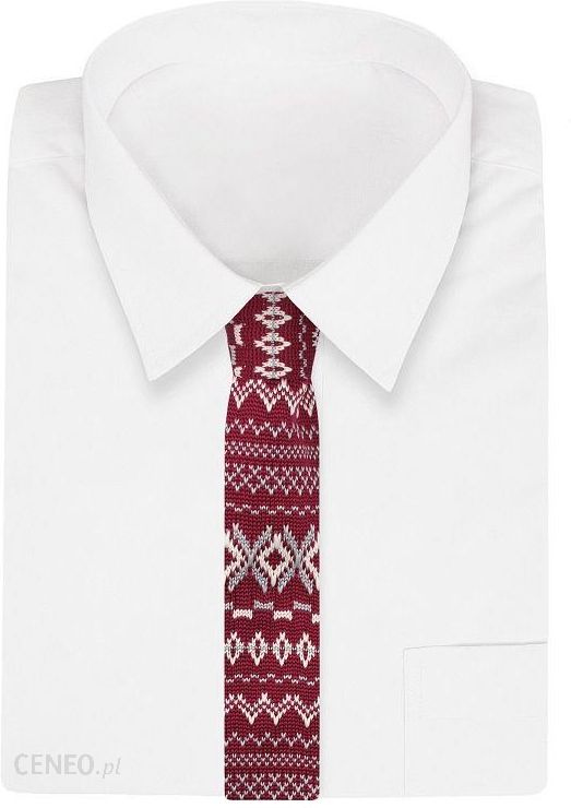 Czerwony Świąteczny Dziergany, Męski Krawat Knit, 5,5 cm -Alties- w Biało-Szary Wzór KRALTS0405