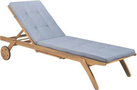 Beliani Klasyczny leżak ogrodowy regulowany z poduszką niebieską drewno akacjowe Cesana