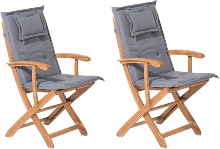 Beliani Zestaw 2 krzeseł ogrodowych jasne drewno akacjowe z grafitowymi poduszkami Maui