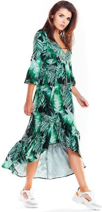 Zielona Asymetryczna Sukienka Midi z Florystycznym Motywem