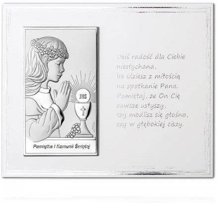Wiko Obrazek na pamiątkę I Komunii Św. z dziewczynką na białym zdobionym panelu z cytatem 18x13 cm objap7744l