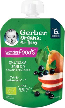 Gerber Organic Deserek W Tubce Gruszka Jabłko Czarna Porzeczka dla niemowląt po 6 miesiącu 80g