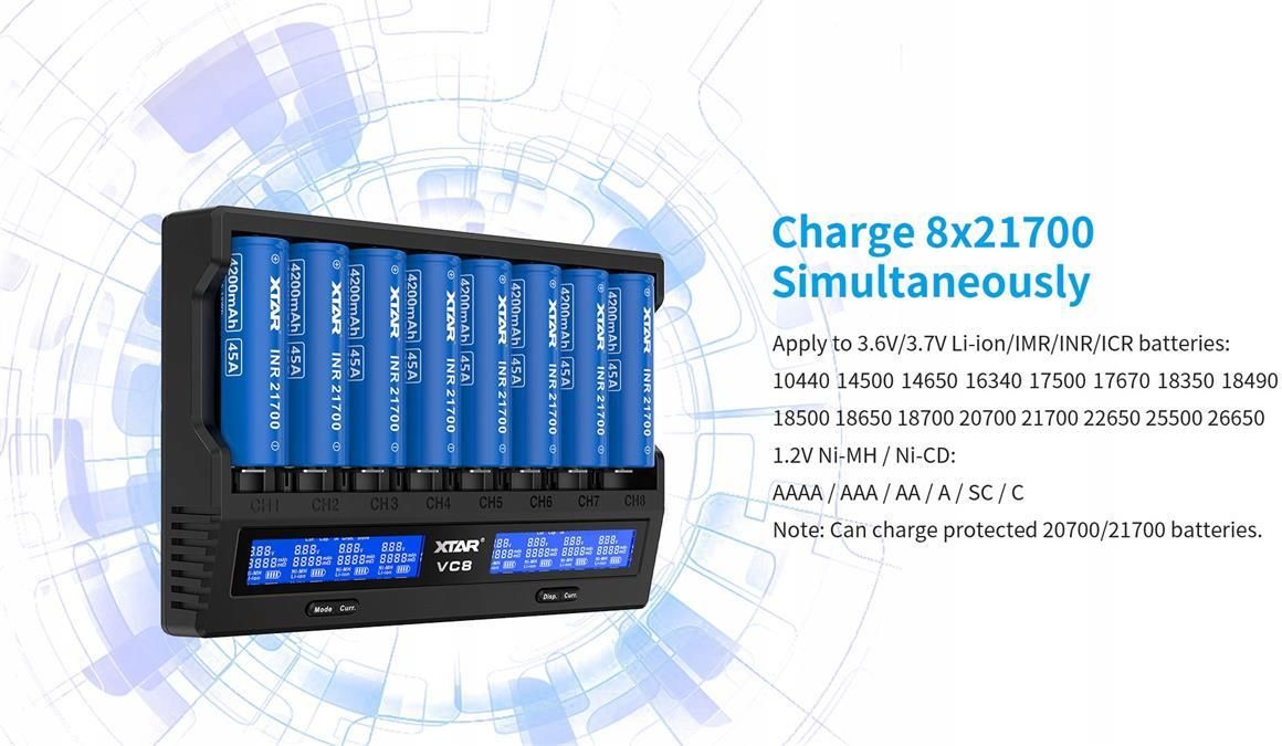 XTAR ŁADOWARKA DO AKUMULATORÓW CYLINDRYCZNYCH LI-ION I NIMH  VC8 