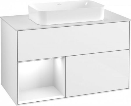 Villeroy&Boch Finion szafka pod umywalkę 100 cm z 2 szufladami z otwartą półką i oświetleniem LED Glossy White Lacquer biały G651GFGF