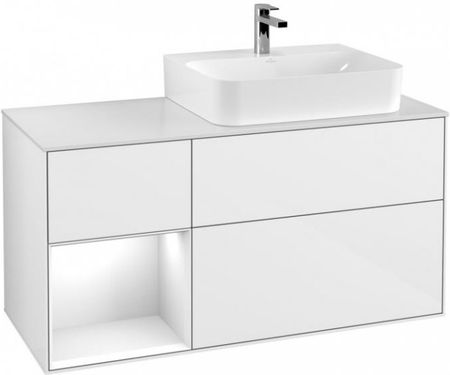 Villeroy&Boch Finion szafka pod umywalkę 120 cm z 3 szufladami ,otwartą półką i oświetleniem LED Glossy White Lacquer biały G141GFGF