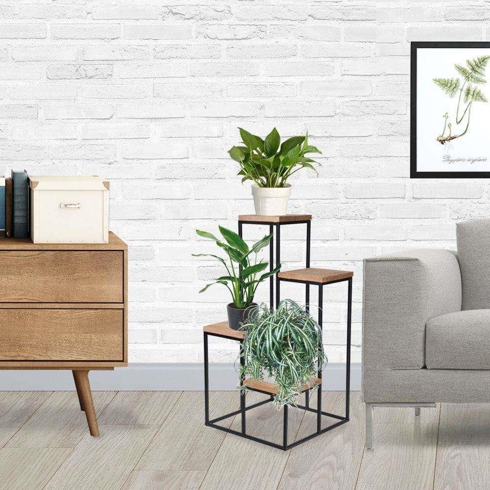 Home Styling Collection Kwietnik metalowy z miejscem na 4 doniczki 67cm czarny z drewnianym blatem - zdjęcie 2 Home Styling Collection Kwietnik metalowy z miejscem na 4 doniczki 67cm czarny z drewnianym blatem