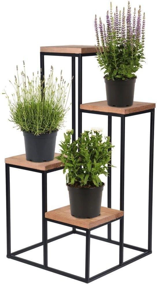 Home Styling Collection Kwietnik metalowy z miejscem na 4 doniczki 67cm czarny z drewnianym blatem - zdjęcie 3 Home Styling Collection Kwietnik metalowy z miejscem na 4 doniczki 67cm czarny z drewnianym blatem