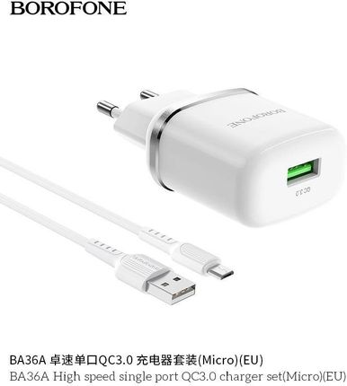 Borofone 18W z QC3.0 FCP AFC kabel micro USB 1m w zestawie biały (BFOBZ12LW)