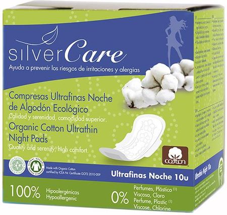 Silver Care podpaski ultracienkie z organicznej bawełny ze skrzydełkami na noc 10szt.