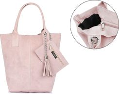 Pudrowo-różowa włoska torebka skórzana zamszowa A4 shopperka T49